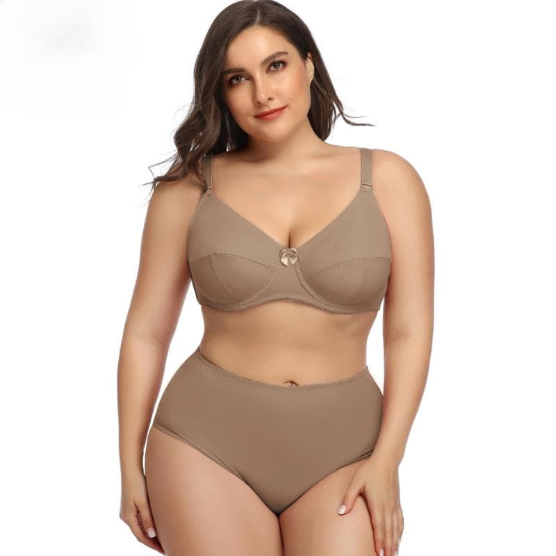 Conjunto de Sutiã Plus Size Europeu e Americano Ultrafino Sexy Roupa Íntima Confortável Respirável Copa Grande Sutiã Liso cm caqui
