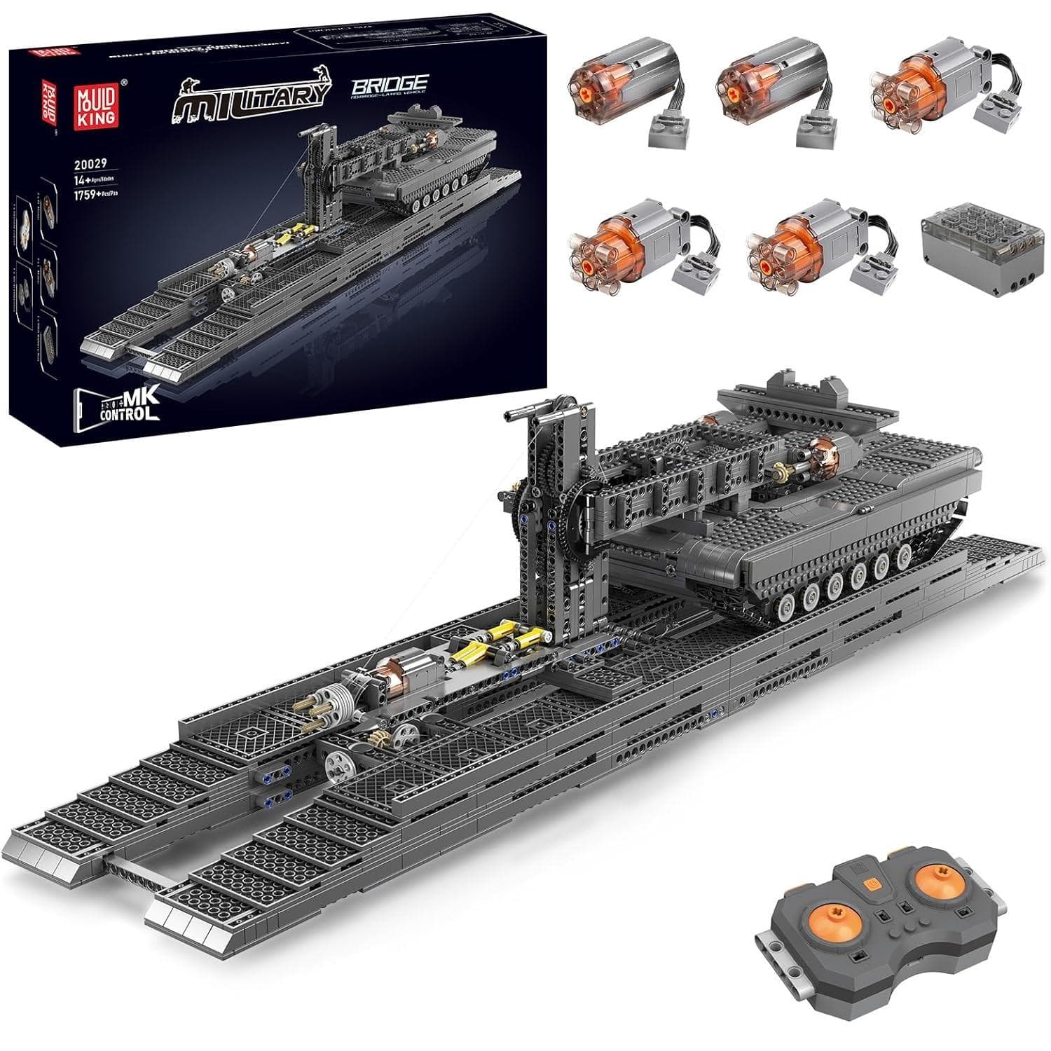 MOULD KING 20029 Bloco de construção de tanque técnico Controle remoto Ponte de assentamento Veículo Modelo de montagem Tijolo Brinquedos Criança