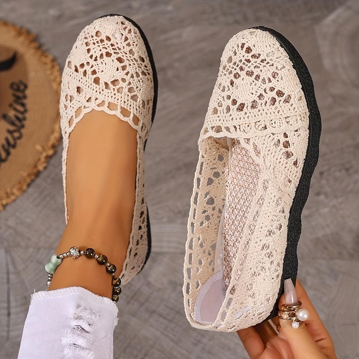 Sapatos Casuais Elegantes e Respiráveis para Mulheres - Sapatos de Malha para Mulheres com Design em Tecido, Detalhes Vazados em Renda, Sapatos