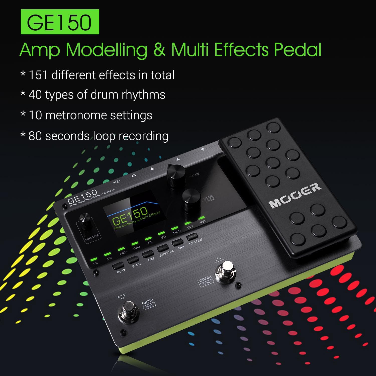 Pedal de modelagem de amplificador e multiefeitos MOOER GE150 55 modelos de amplificador 151 efeitos 80s Looper 40 tambor