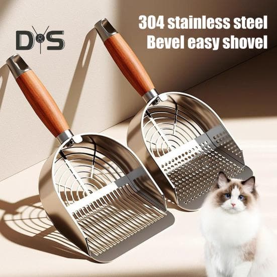 Pá de metal para areia de gato com suporte para cocô de animal de estimação com cabo de madeira ergonômico, pá de peneiramento rápido,