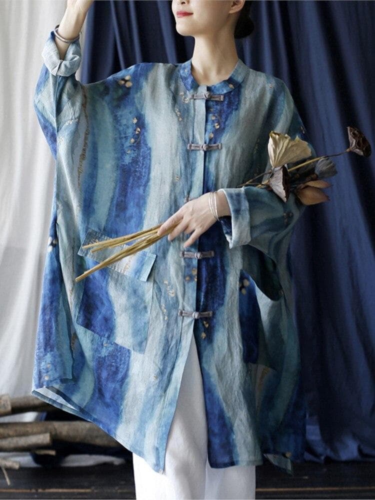 Johnature camisas femininas ramie tops botão manga comprida bolsos blusas outono soltas camisas femininas azul