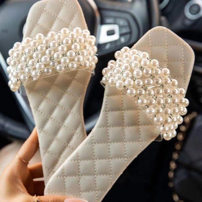 Primavera e Verão Novos Chinelos Casuais Femininos Versáteis com Pérolas e Strass Moda Sapatos Planos Sólidos Sandálias cm azul