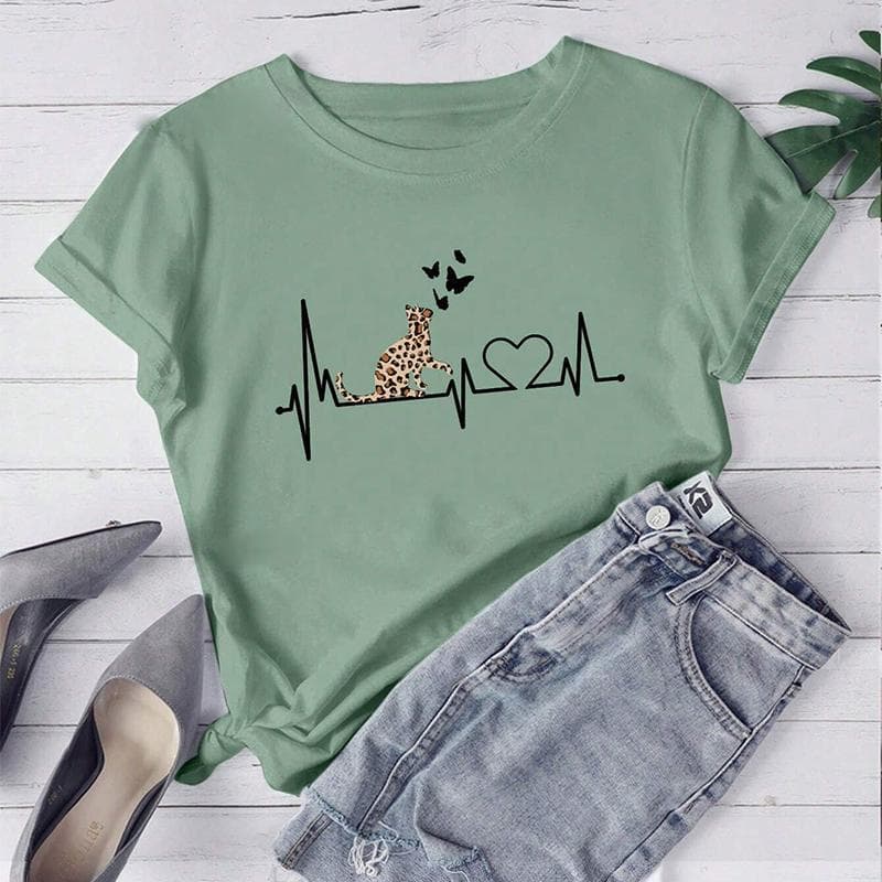 Moda Feminina Amor Gato Estampa Camiseta Engraçada Casual Gola O Manga Curta Camiseta Verão Camiseta Feminina cm verde