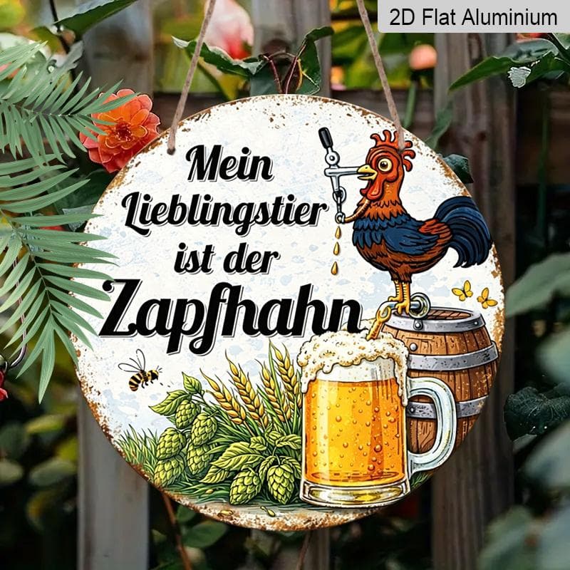 2D Flat, 1pc Round Aluminum German  Mein Lieblingstier ist der Zapfhahn  Sign, Funny Rooster & Beer Tap Metal Wall Art, Vintage Rustic Bar Decor