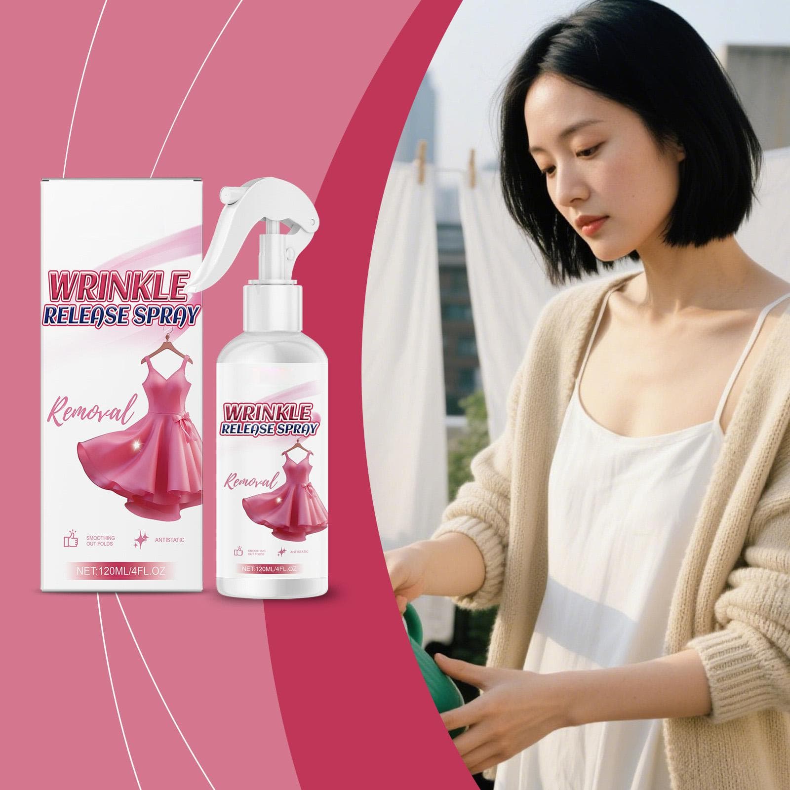 Wrinkle Release Spray 120ML Fabric Refresher Spray for Clothes Removes Wrinkles and Odors Fast Drying with Easy Spray Trigger for Home Travel Use