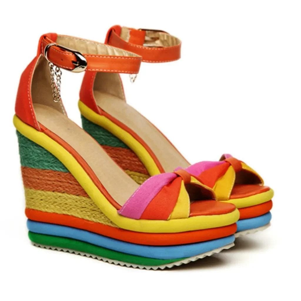 Sandálias de Verão Mulheres Mulheres Senhoras Cunhas Alto Multicolorido Patchwork Sandálias Peep Toe Sapatos Romanos Sandálias Salto Alto cm cor