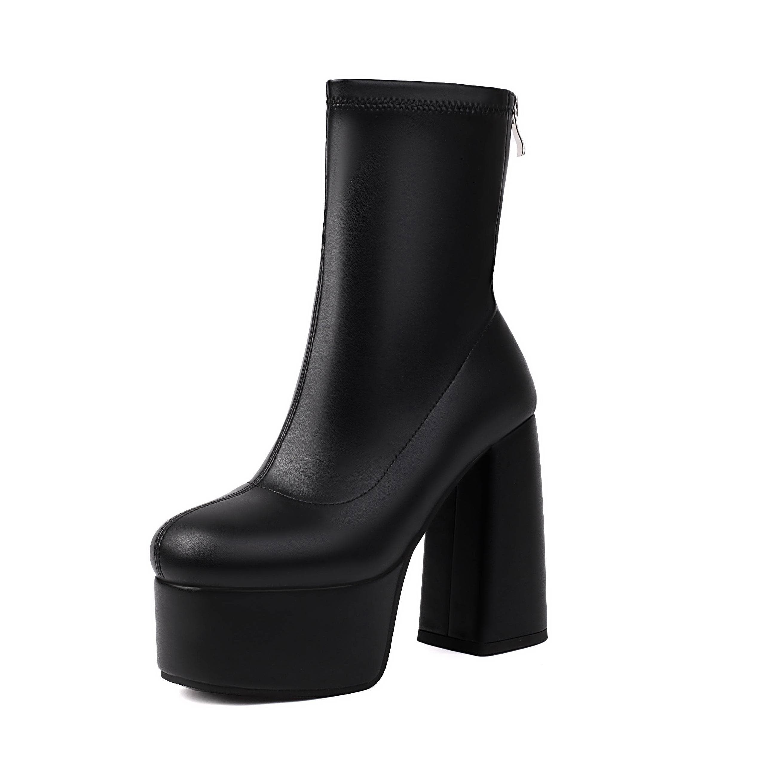 Krazing Pot Sapatos de outono inverno PU super salto alto tamanho 48 super tamanho botas impermeáveis bico redondo manter aquecido zíper tamanho 47