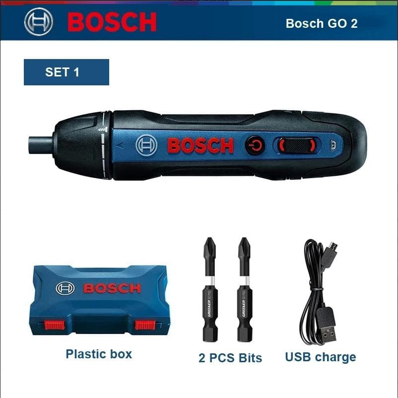 Parafusadeira Elétrica Sem Fio Bosch GO 2 Profissional Inteligente 5 Configurações de Torque Recarregável por USB Kits de Brocas para Furadeira
