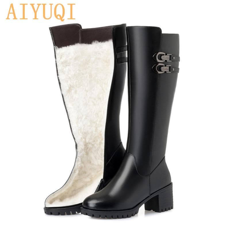 Botas femininas de couro genuíno de lã de inverno com salto alto e tamanho grande, botas de neve quentes para mulheres cm cinzento