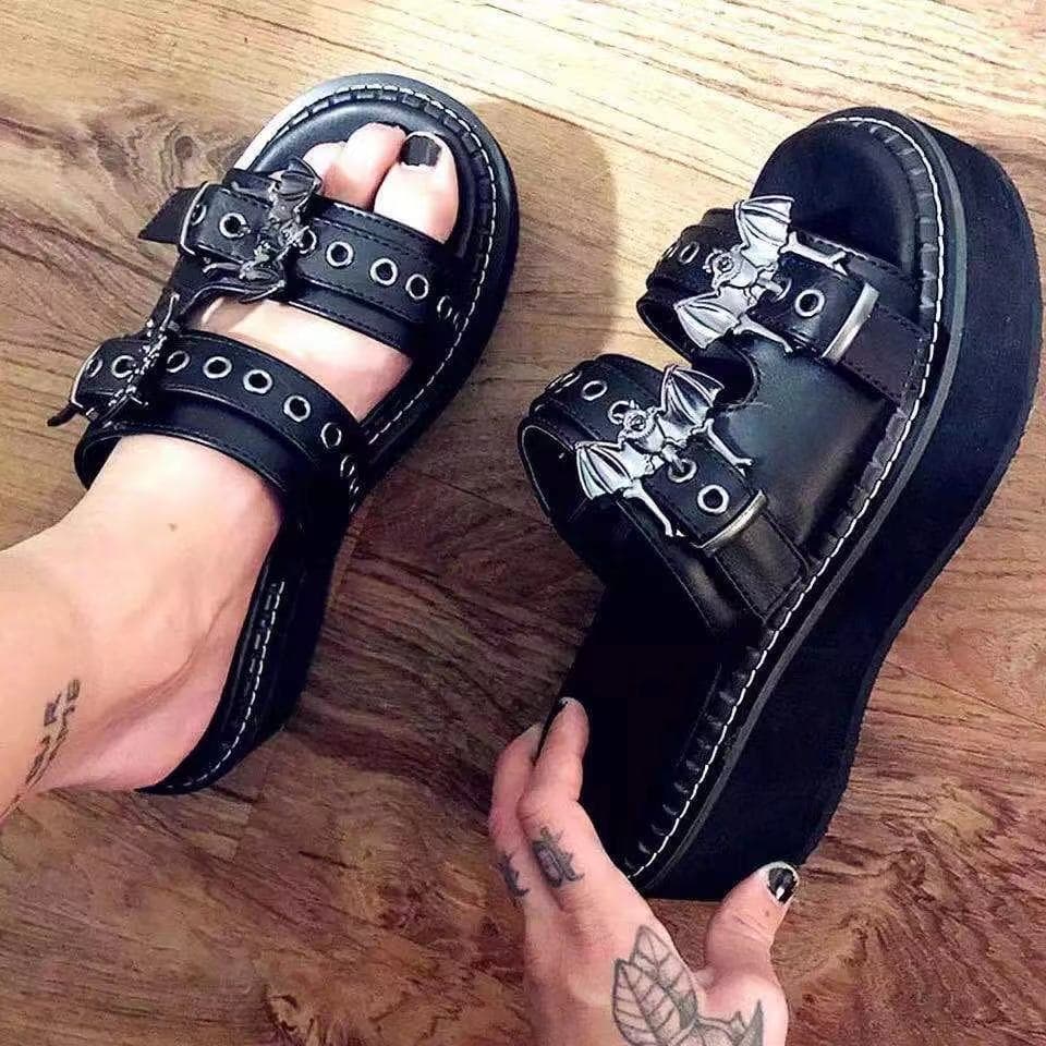 Chinelos femininos de verão, preto, gótico, punk, bico redondo, plataforma, sandálias femininas, cunha, sapatos casuais, buty, damskie na koturnie
