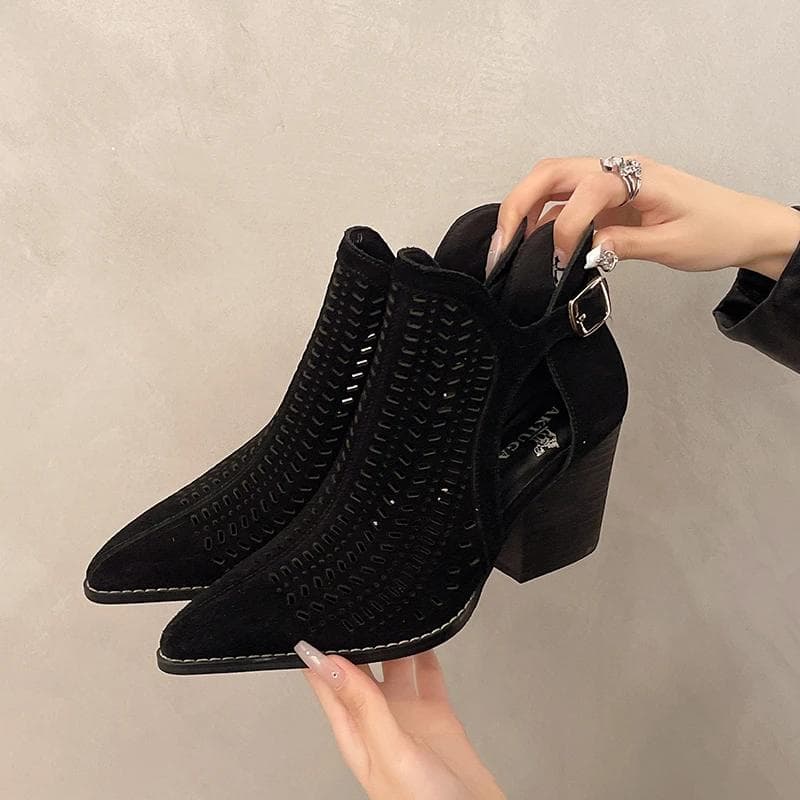 Botas de Malha Pretas Botas Curtas Vazadas para Mulheres Verão Nova Cool Respirável Sandálias Bico Apontado Botas Western de Brim Plataforma cm