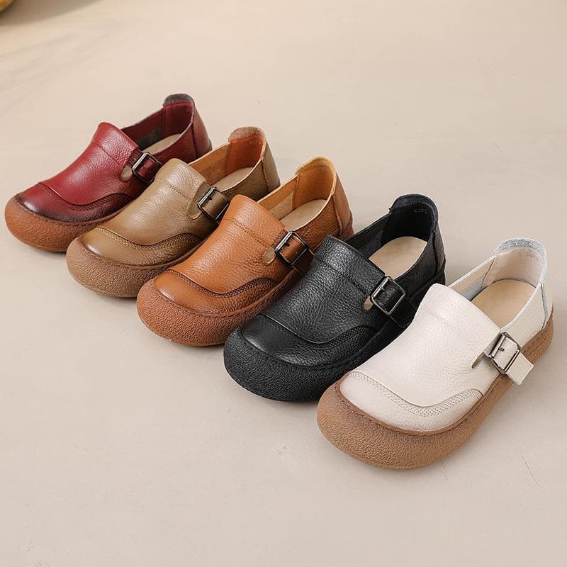 Sapatos de Couro Natural Original da Moda para Mulheres Vintage Conforto Bico Redondo Fivelas Sapatilhas Mulher Slip On Mocassins Ortopédicos