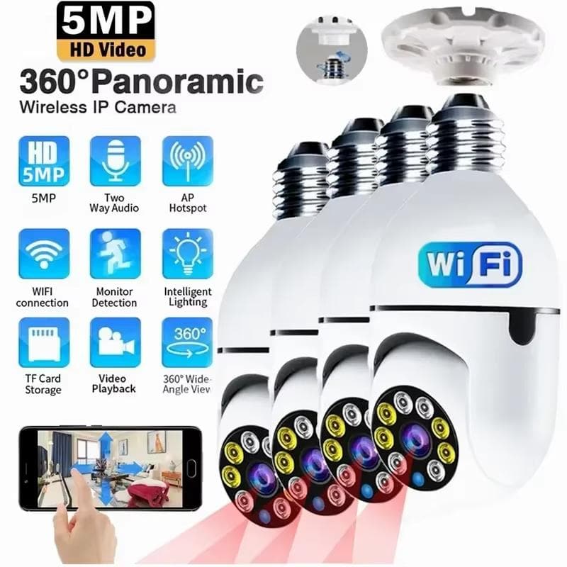 Câmera de vigilância de bulbo E27 de 5MP com zoom digital de 4X 2.4G 5G WiFi sem fio para monitoramento de bebês Câmeras de rastreamento de IA