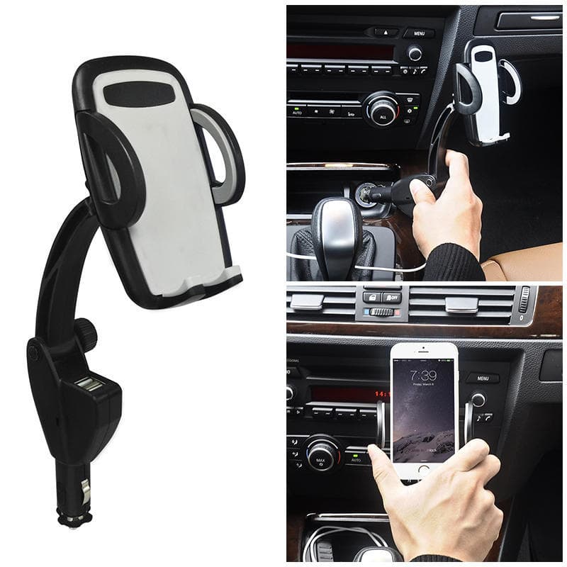 Suporte para isqueiro de cigarro giratório 360 graus, suporte para celular, carregador de carro com duas portas USB, suporte para celular universal