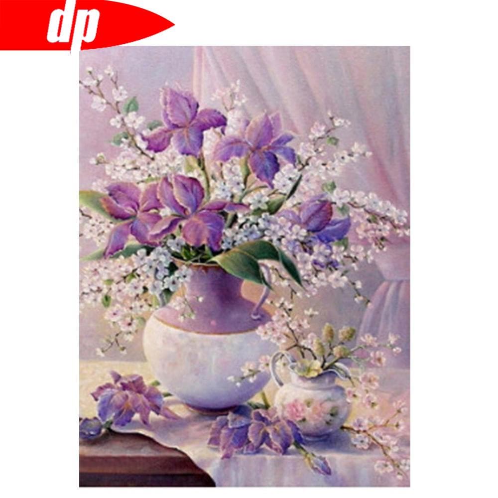 Pintura diamante completa redonda diamante mosaico em vaso flor bordado strass