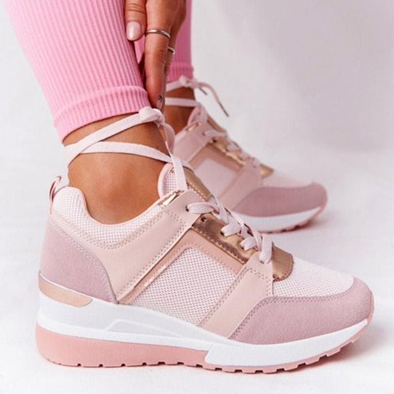 Sapatos femininos de couro respirável, tênis com cadarço, calçados esportivos de cunha, calçados vulcanizados femininos, plataforma casual,