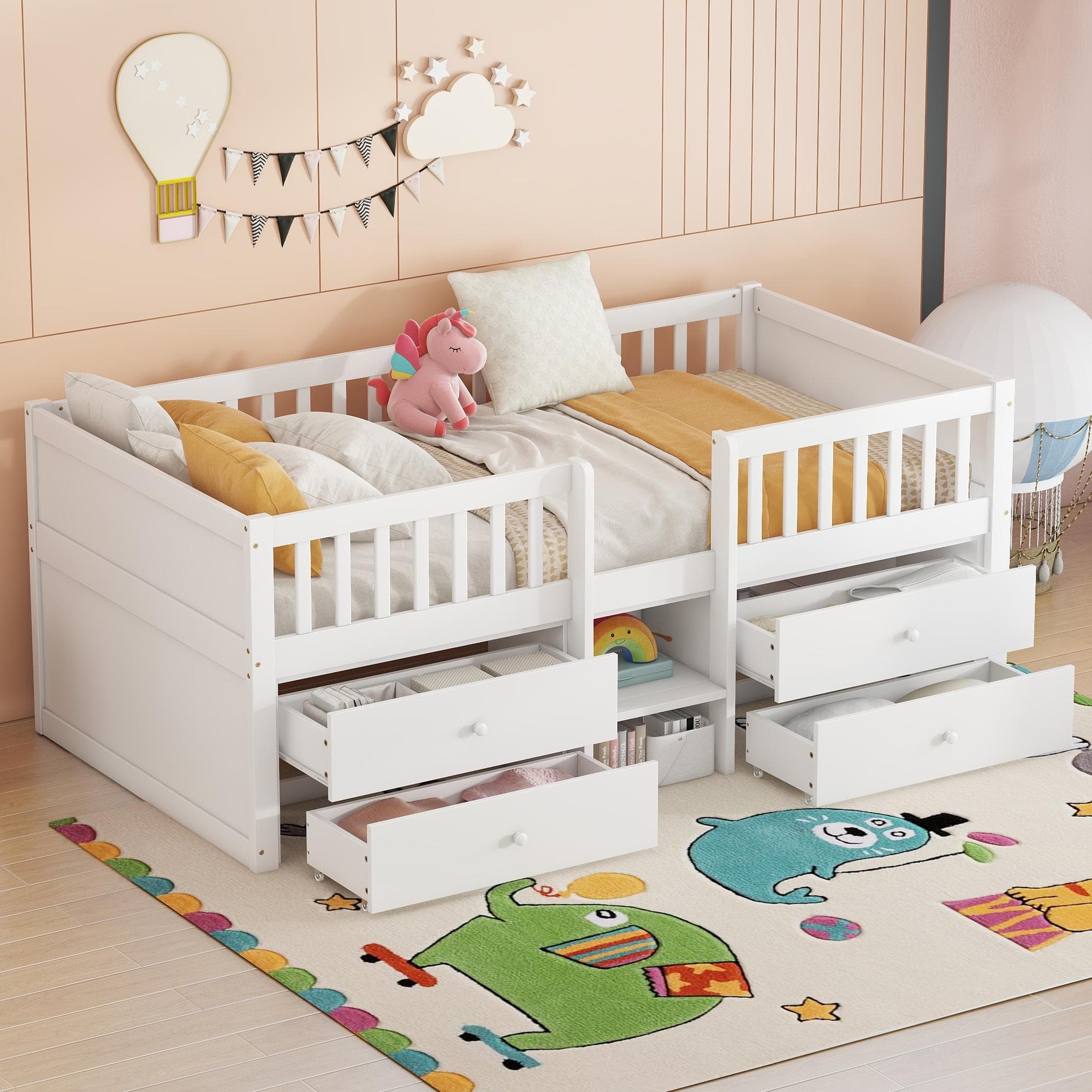 Cama infantil 90x200 cm com arrumação, cama de madeira com estrado e 4 gavetas, cama juvenil com escada e proteção lateral - madeira maciça de
