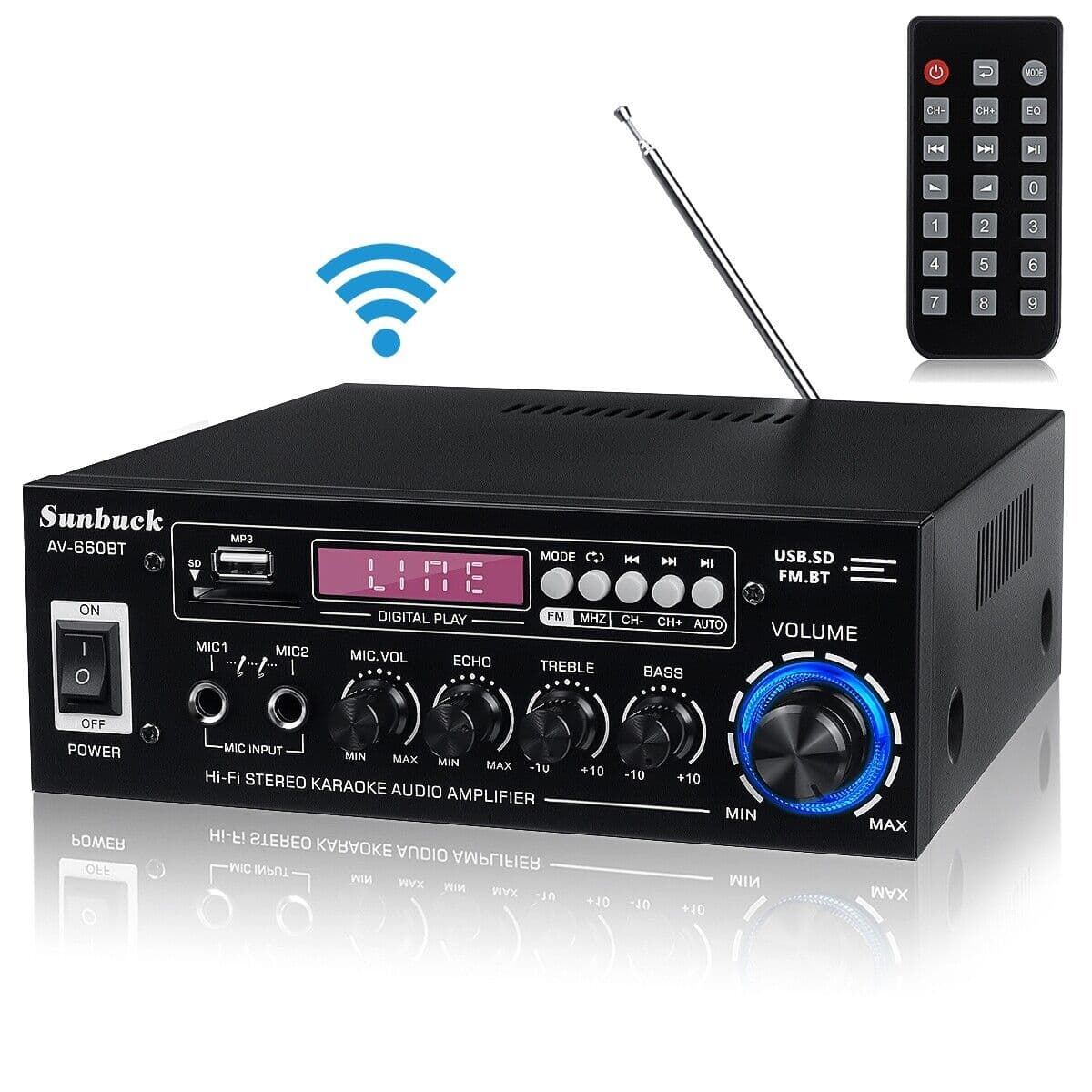 Sunbuck AV-660BT bt5.0 amplificador de som, amplificador de áudio para home theater, 110v/220v, suporte eq fm sd usb 2 microfone ak370 12v amp