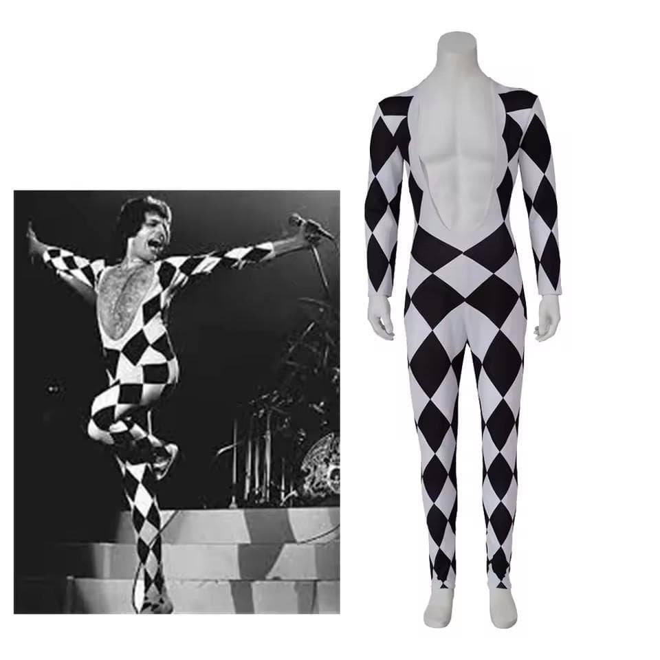 Cosplay de Freddie Mercury Macacão de Cantor para Homens Xadrez Preto Branco Macacão Decote V Profundo Halloween Festa Vocais Principais Roupas para
