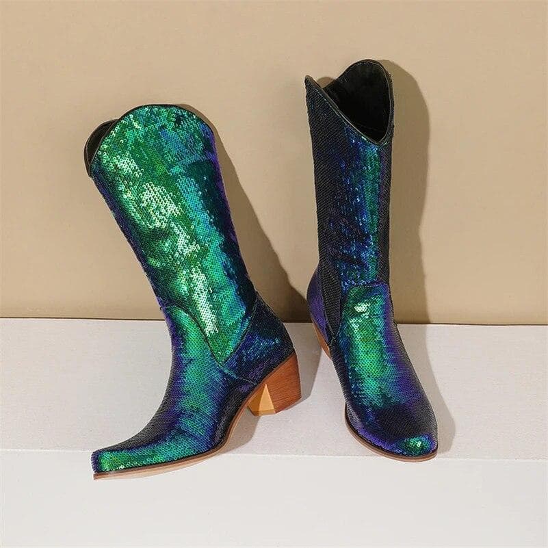 FOREADA Botas Femininas de Cano Alto Metálicas Bico Redondo Salto Grosso Médio Bota Longa Estilo Cowgirl Ocidental Sapatos de Moda Femininos Inverno
