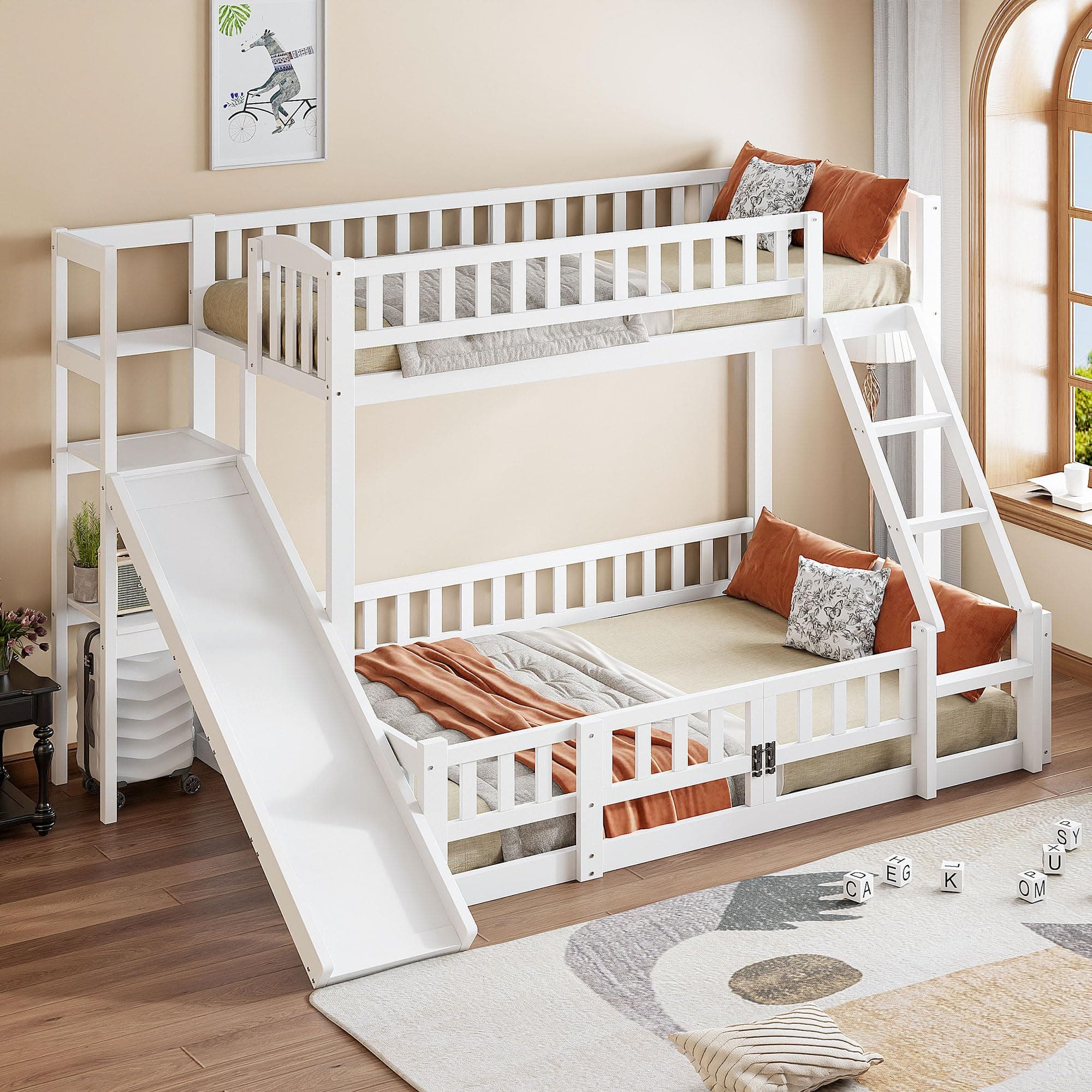 Beliche Cama Infantil 90x200/140x200 Cama Alta Escorrega Degraus Prateleiras Estrado Porta Extensível Branco (sem colchão) branco