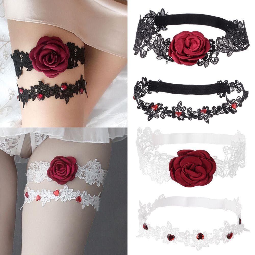 Stretch Handmade Leg Garter Rhinestones Lace Lace Leg Ring Set Embroidered Stretch Garter Red Rose Flower Garters branco