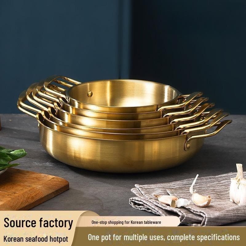Panela Grossa de Aço Inoxidável 0,8mm para Frutos do Mar e Hot Pot Dourada Rasa de Fundo Plano com Duas Alças Durável Placa de Cozinha Multiuso