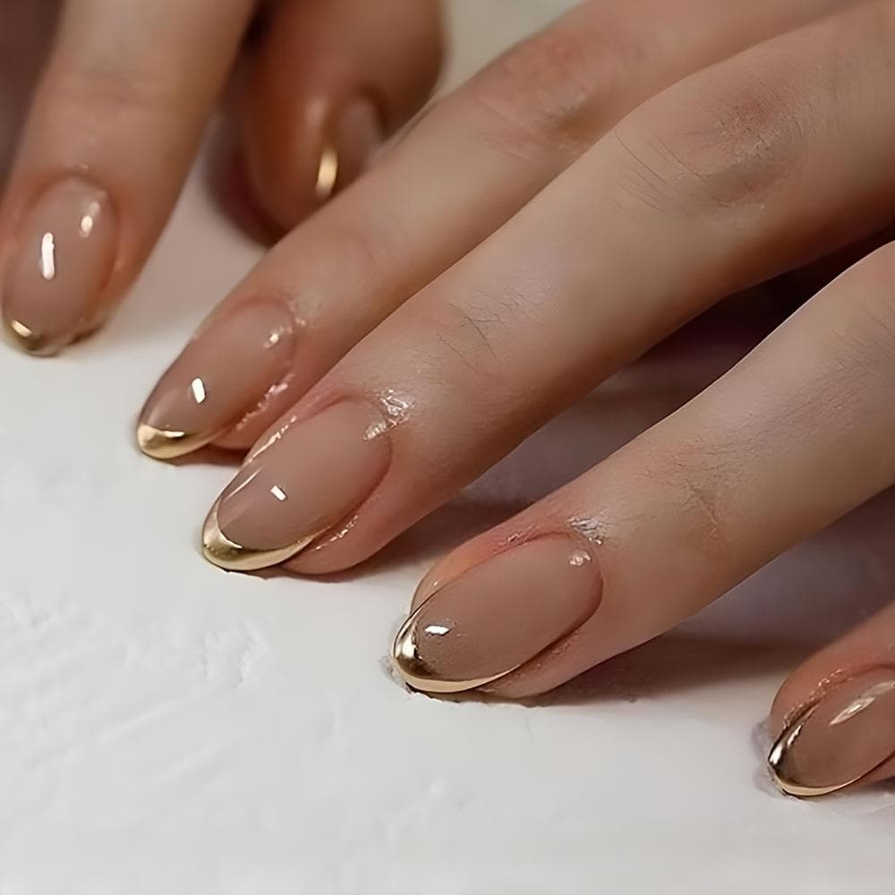 Elegantes Adesivos de Unha para Manicure Francesa com Borda Dourada - Comprimento Médio, Formato Oval