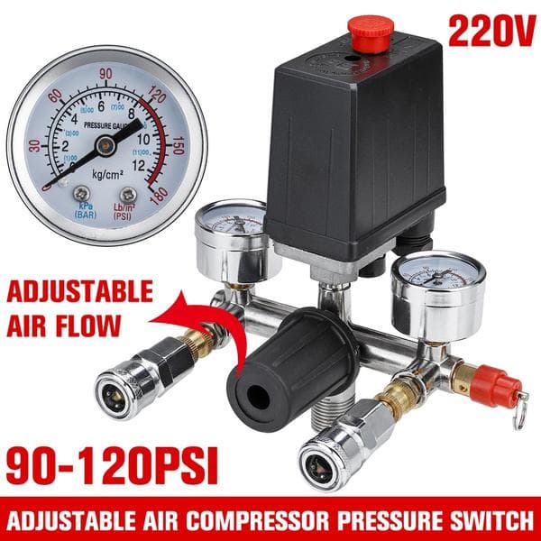 Válvula Interruptor de Controle de Pressão do Compressor de Ar com Regulador de Coletor Ajustável e Manômetros