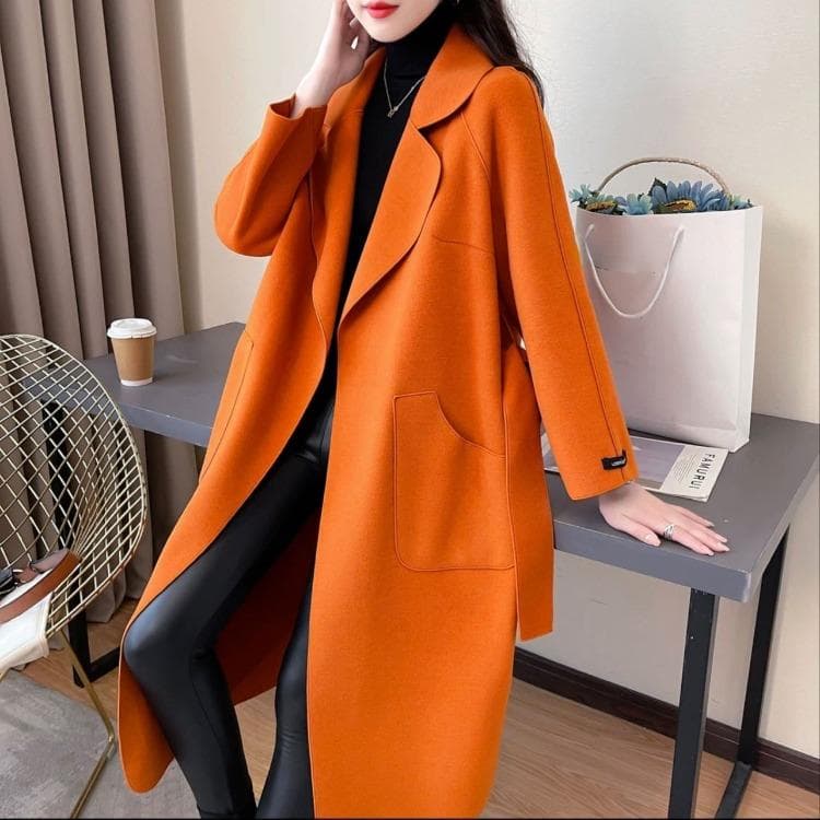 Quente e elegante com casaco de lã feminino com cinto para o outono cm verde
