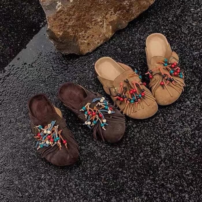 Versão em couro de vaca franjada com miçangas feita à mão chinelo de verão sola macia sapatos Boken sola grossa cabeça de bolsa anti-veludo de