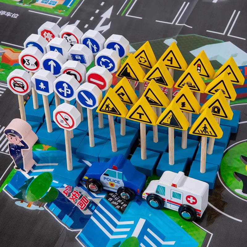 Conjunto de Brinquedos Educativos de Trânsito para Crianças com Placas e Veículos