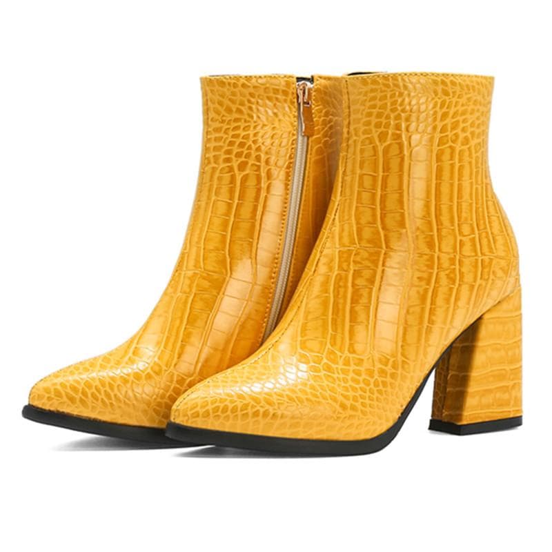 Botas de couro de crocodilo femininas, salto alto grosso, botas curtas, zíper, sapatos de inverno e outono cm