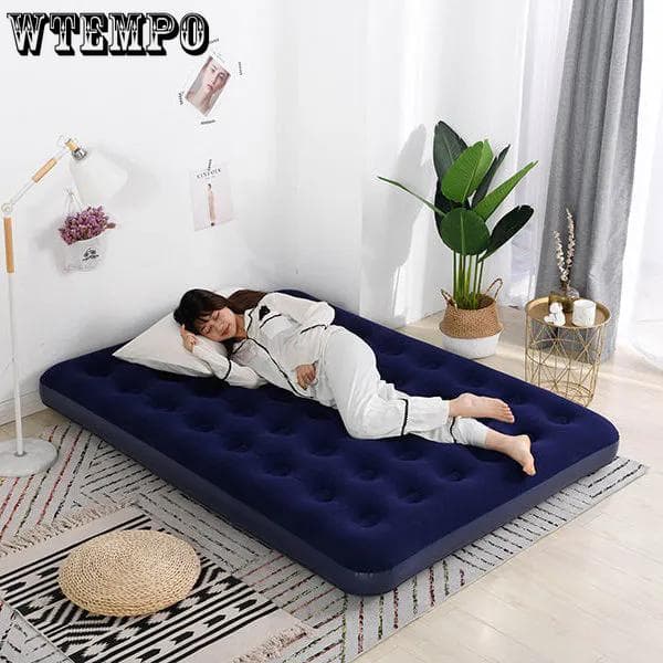 Cama inflável dupla espessada, cama com almofada de ar única/dupla, cama de ar dobrável ao ar livre, cama preguiçosa doméstica azul