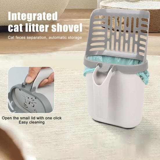 Pá para areia de gato com suporte Pá para areia de gato com recipiente de resíduos removível integrado Pá para cocô de gato grande e portátil