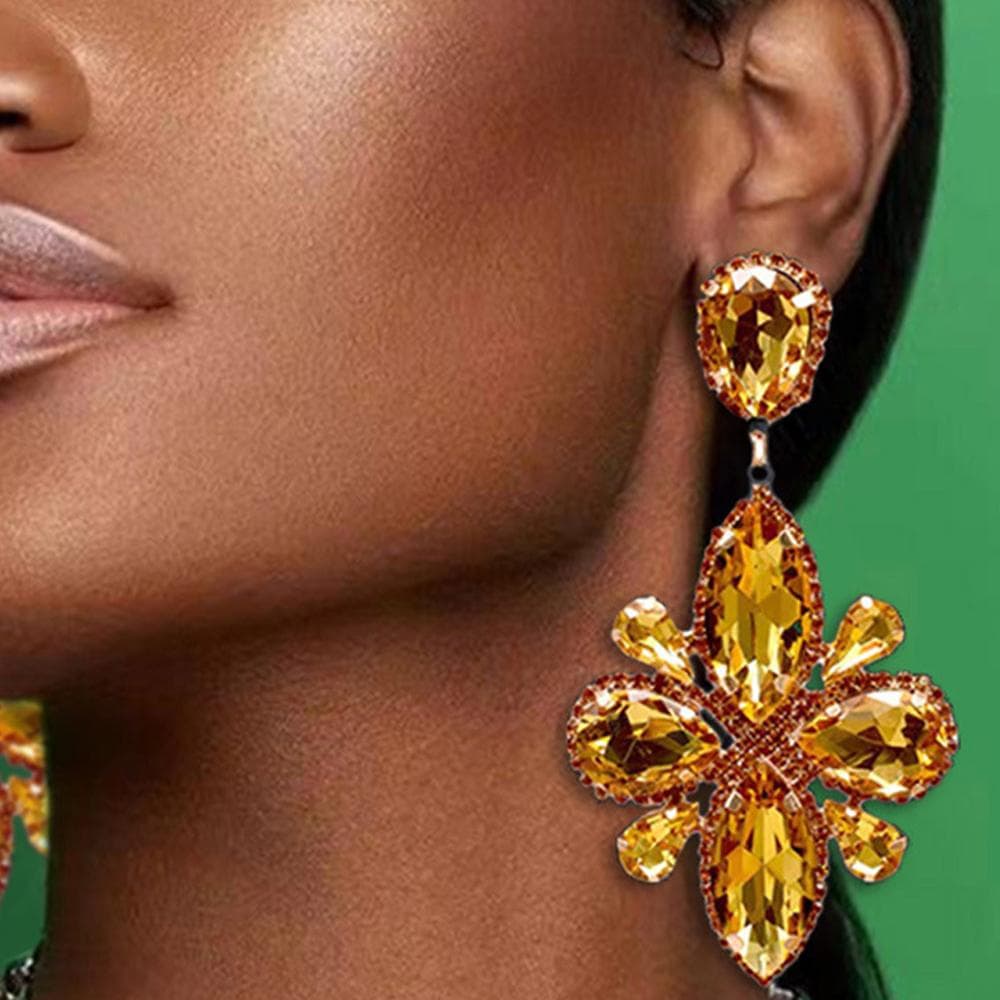 Brincos de Gota de Água com Strass Stonefans Feitos à Mão para Mulheres Rainha do Drag Brincos Longos Exagerados de Cristal Acessórios amarelo