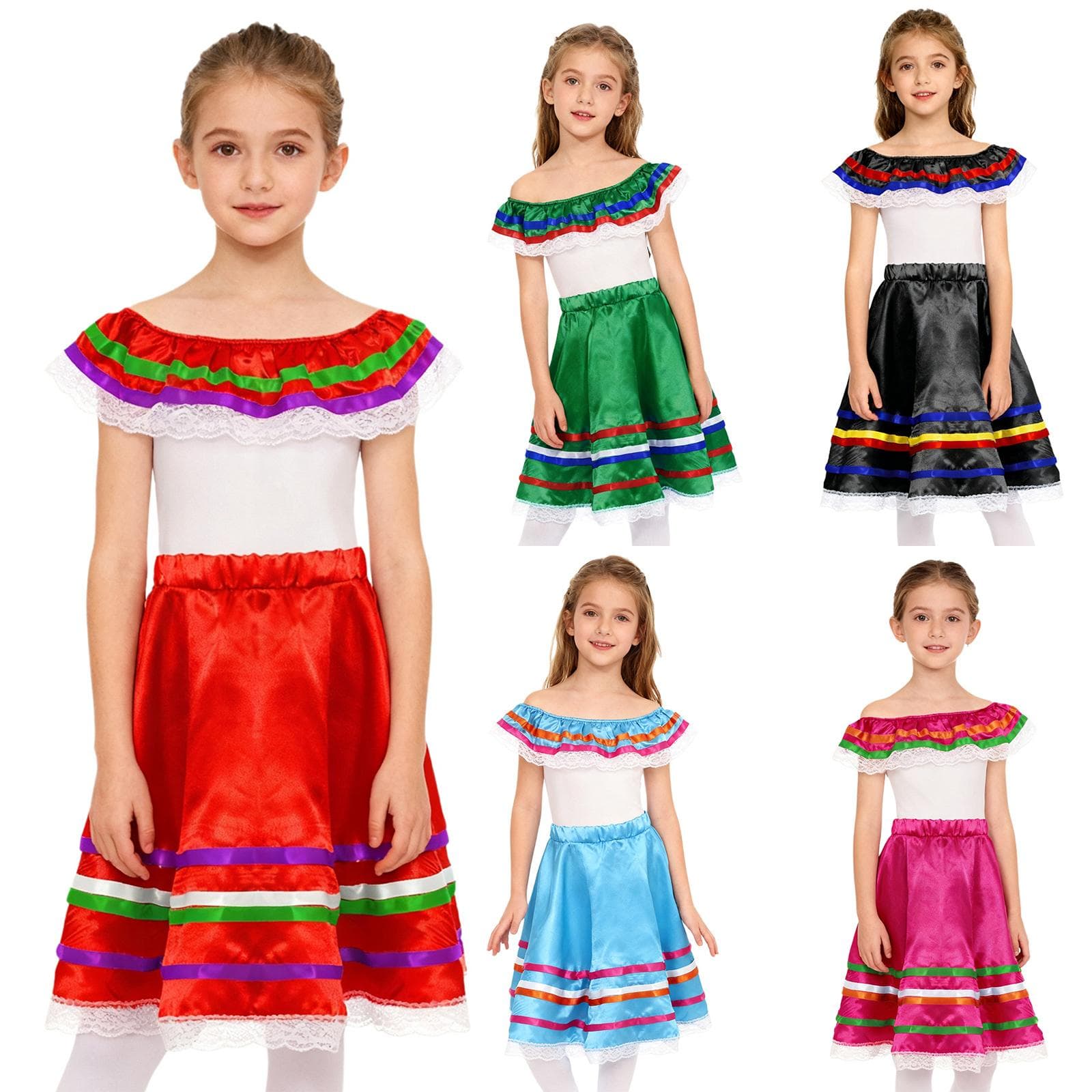 Conjunto Mexicano de 2 Peças para Meninas com Top de Ombro a Ombro com Babados e Cintura Elástica Saia com Acabamento em Fita de Renda para Festa