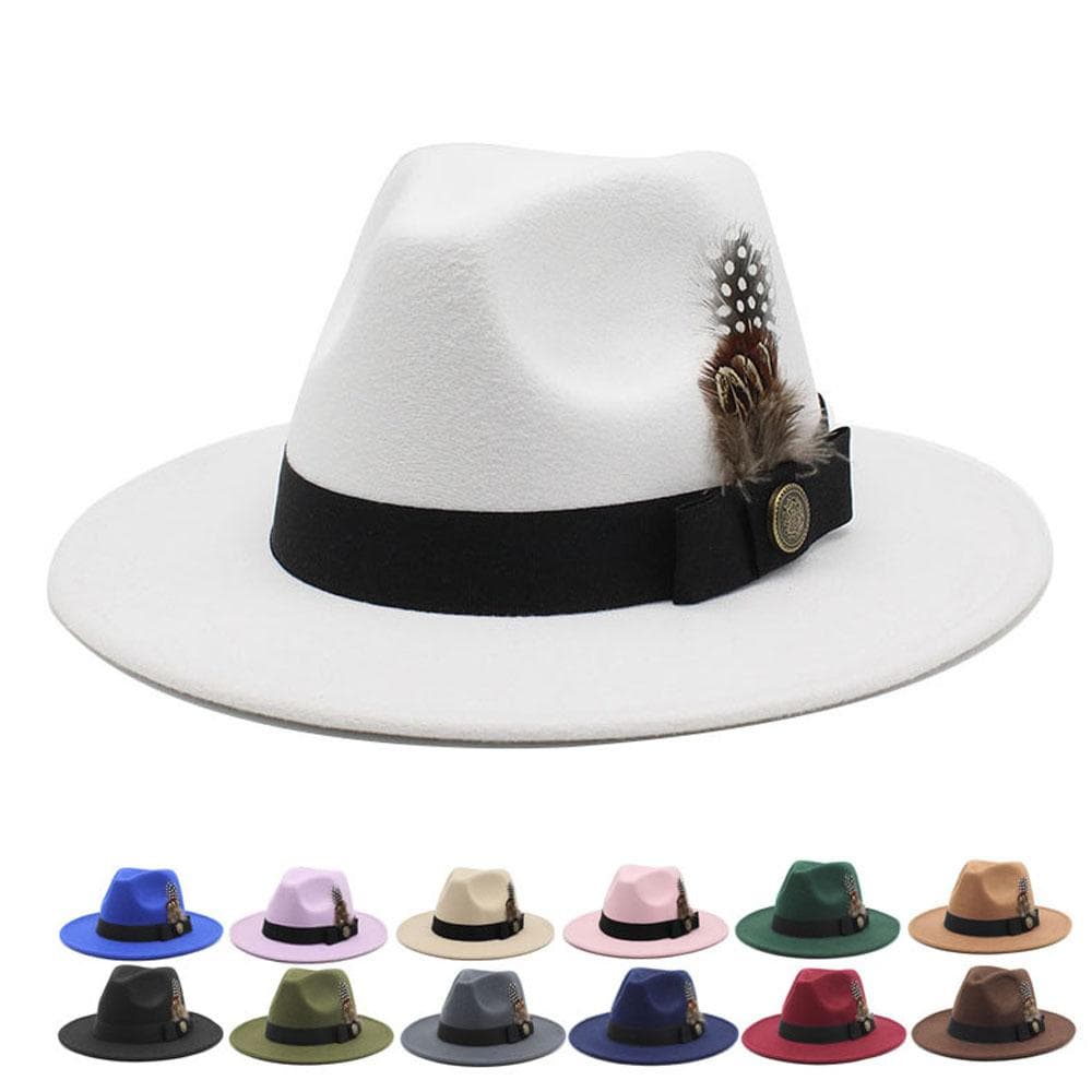 Cavalheiro de Lã Branca Clássico Jazz Britânico Cartola de Pena Aba Larga Festa Igreja Casamento Chapéus Fedora Homens Mulheres Chapéu de Feltro