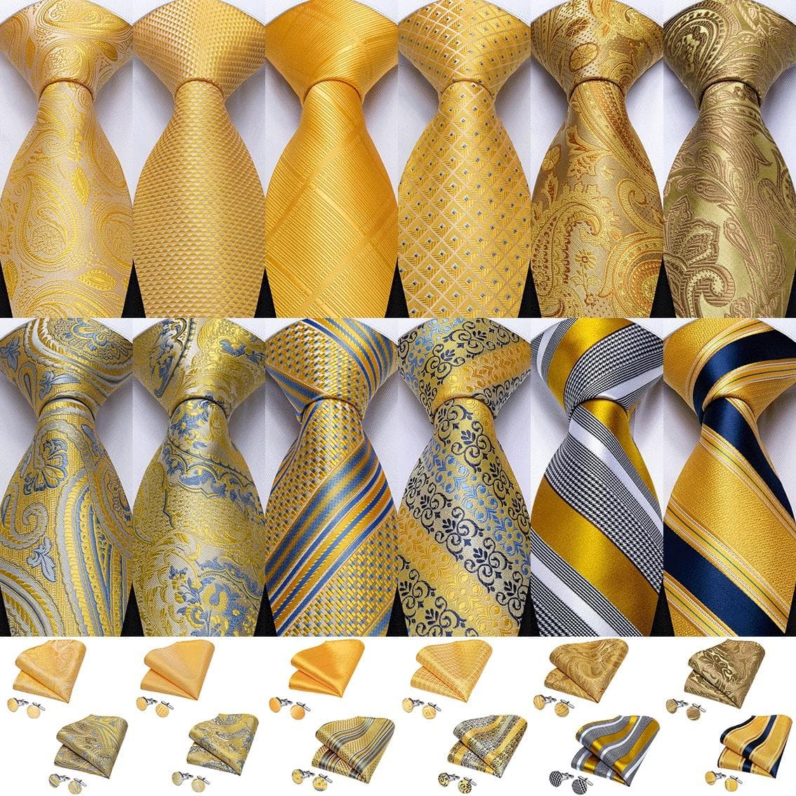 Conjunto de gravata masculina luxuosa dourada amarela listrada paisley gravatas lenço de seda abotoaduras para conjunto de negócios cm