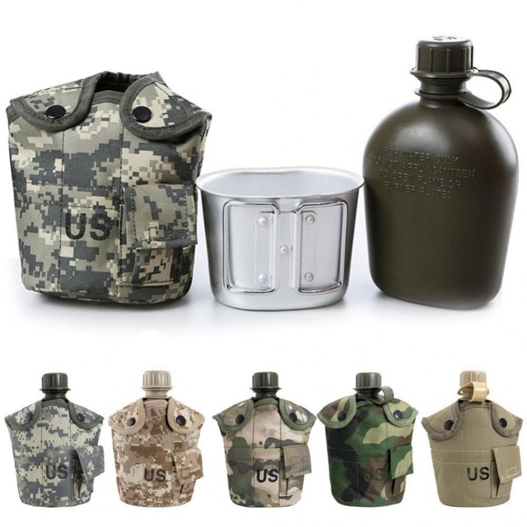 Garrafa de água militar do exército 1L, acampamento, caminhada, cantina, copo portátil para exterior