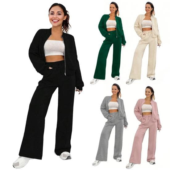 Conjunto Feminino de 2 Peças Outono Moletom com Zíper de Manga Longa e Calça de Perna Larga Conjunto de Treino Casual para Relaxar cm
