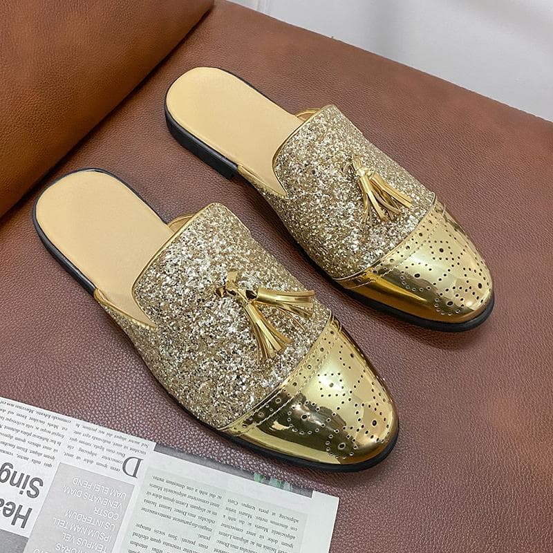 2024 New Luxury Designer Men's Casual Bling Leather Loafers Italian for Men Half Shoes Mules Male Black Slides Business Slippers cm