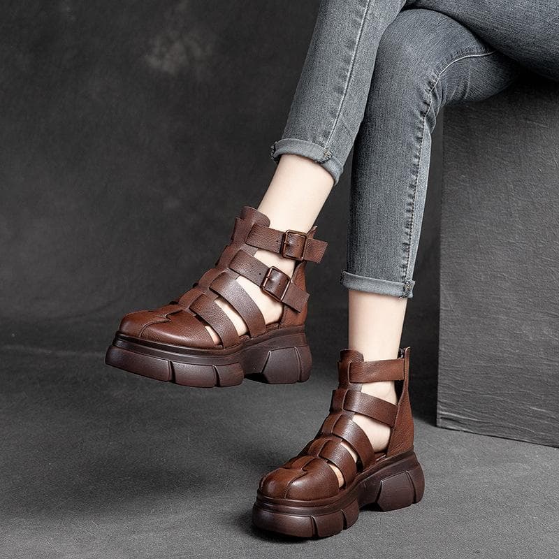 Sandálias de Fivela em Couro Genuíno para Mulheres Sola Grossa Botas de Cano Curto Estilo Romano Martin Calçados Casuais Confortáveis cm preto