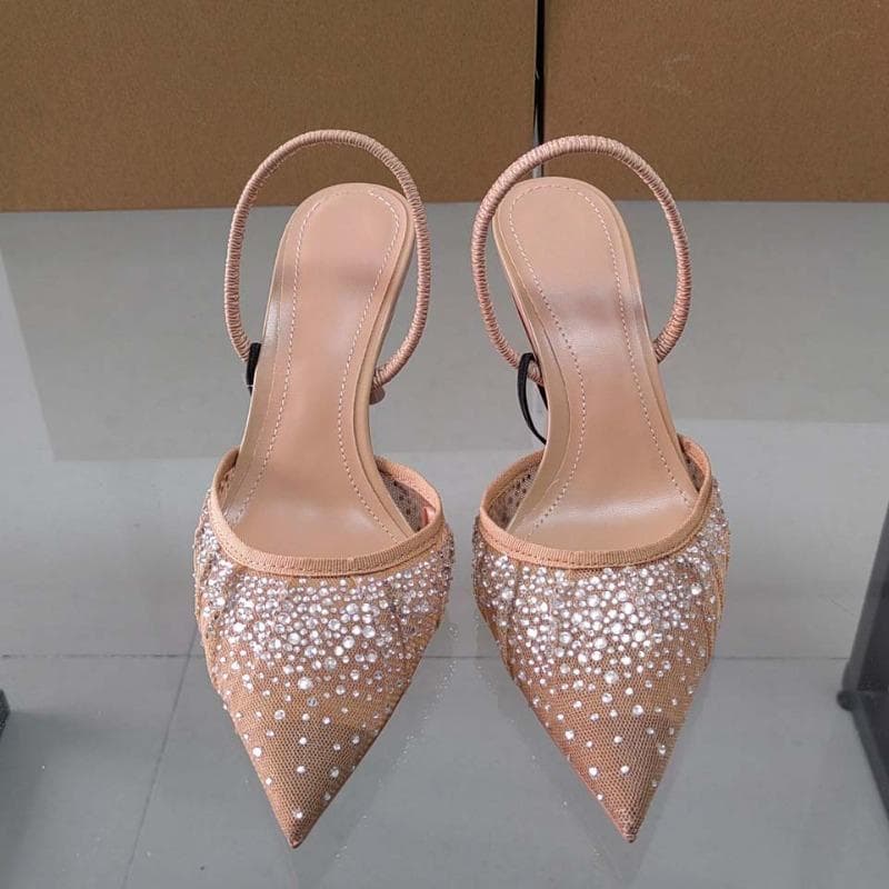 moda 2024 Sandálias de Salto Alto Femininas Glitter Strass Bico Fino Slingbacks Designer Verão Mesh Elegantes Sapatos de Festa Casamento cm