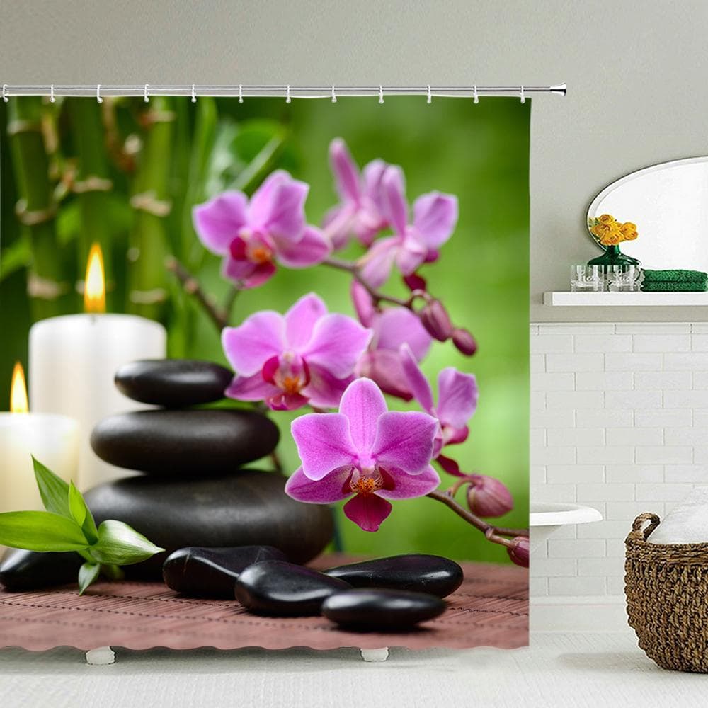 Cortina de chuveiro à prova d'água com ganchos, cortinas de banheiro com cenário verde, pedra zen, estilo chinês, decoração transparente para