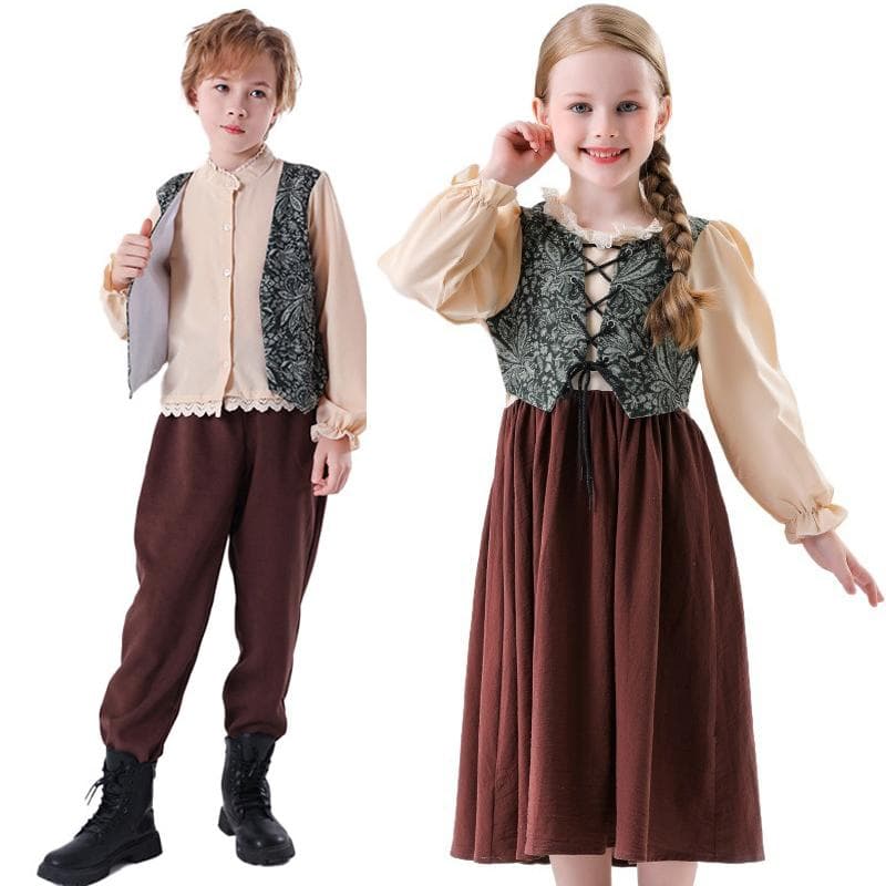 Renascentista Camponesa Princesa Traje Meninas Vestido Meninos Camisa Calças Natal Carnaval Halloween Masquerade Fantasia Vestido Crianças Cosplay