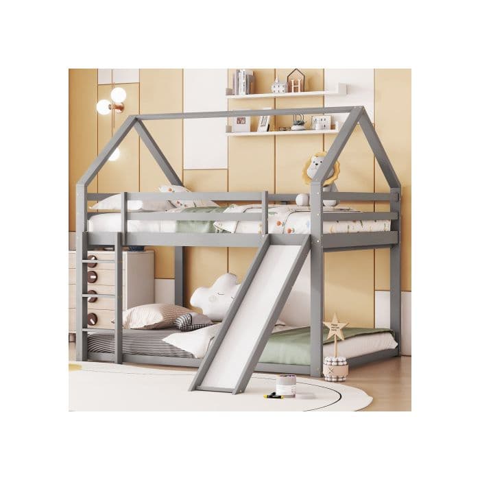 Cama alta - MUVOE - 140x200 cm - Cinza - Escorregador - Escada intercambiável