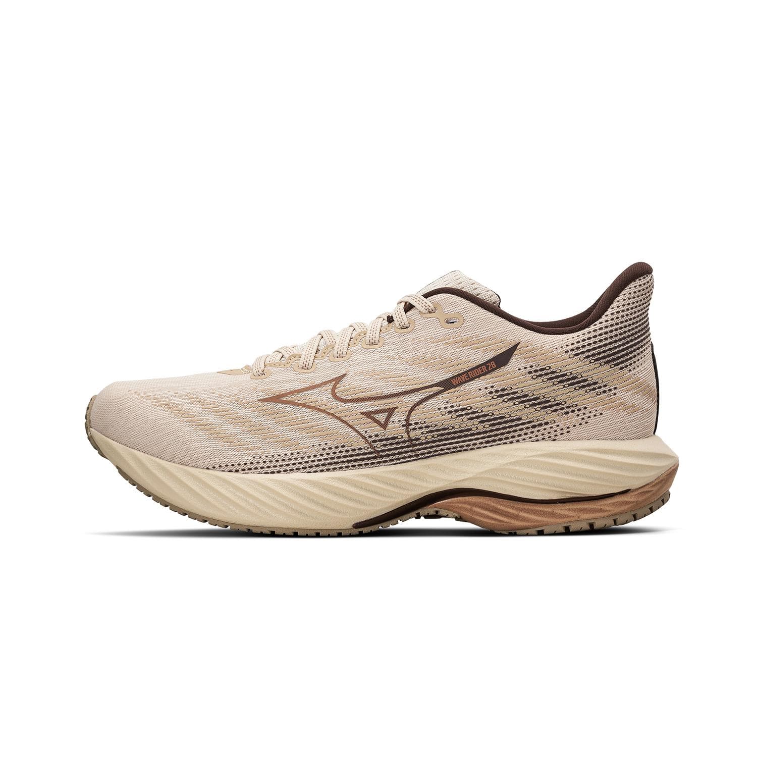 Mizuno Wave Rider 28 Tecido Confortável Malha Antiderrapante Absorção de Choque Cano Baixo Tênis de Corrida Unissex Tênis Bege Marrom J1GC240561