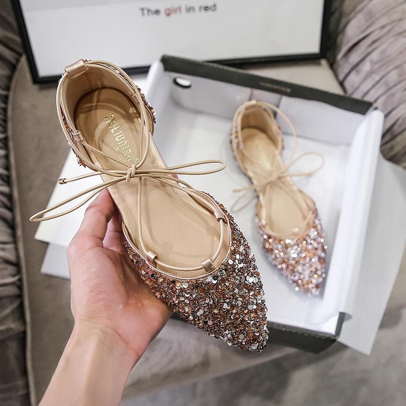 Sapatilhas de Ballet Femininas da Moda de Luxo com Strass, Cadarço Cruzado, Sapatos Baixos Femininos, D'Orsay de Cristal, Sapatos de Casamento, Mules